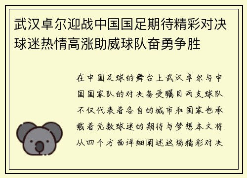 武汉卓尔迎战中国国足期待精彩对决球迷热情高涨助威球队奋勇争胜
